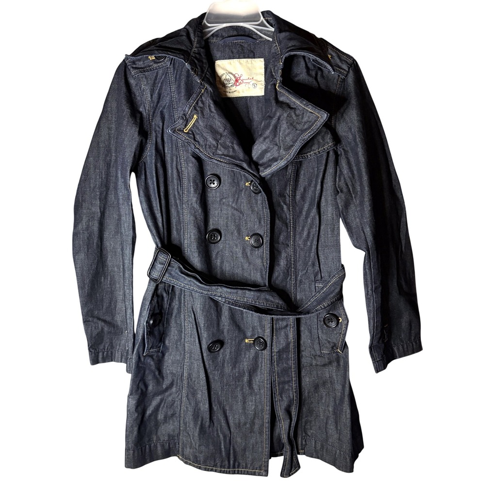 Y2K Gap Denim Trench Coat Womens S Blue Double Breasted Belted Indie Sleaze